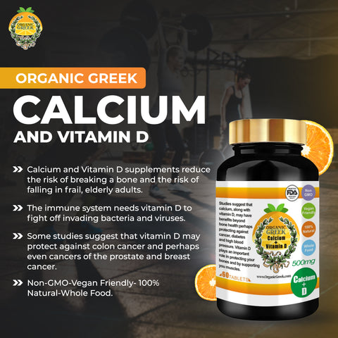 Organic Greek Calcium and Vitamin D 500mg Natural Non GMO Supports Bone, Joint, Osteoporosis, High Blood Pressure and Immune Support