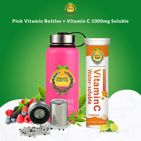 Organic Greek Alkaline Pink Vitamin Bottles + Vitamin C 1000mg Soluble