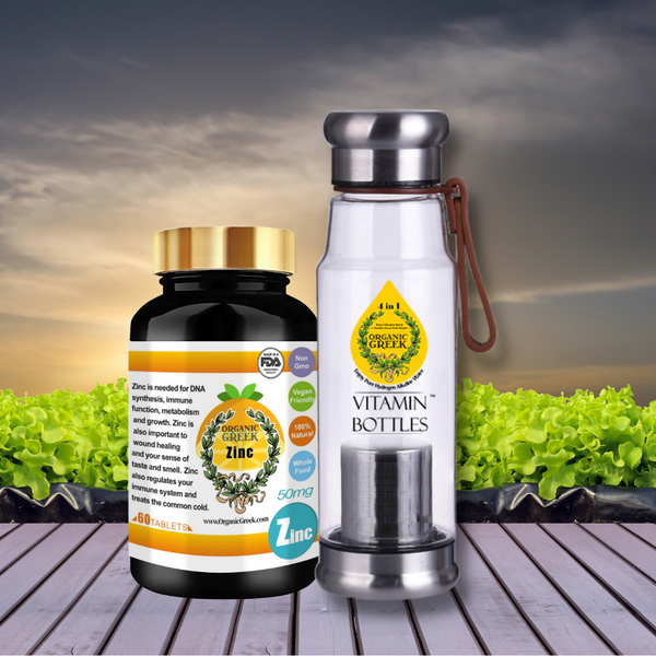 Organic Greek Vitamin Zinc + Vitamin Bottles. Hydrogen Alkaline Generator Water