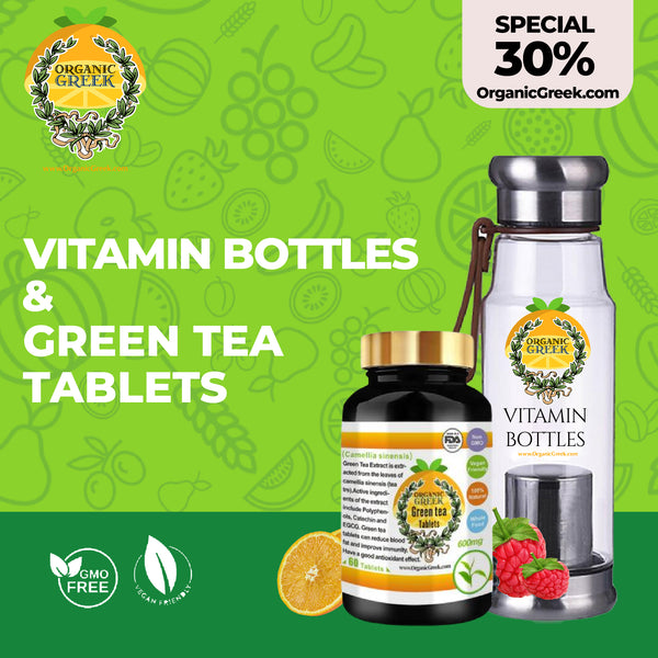 Organic Greek Vitamin Bottles & Green Tea Tablets