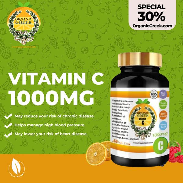 Organic Greek Vitamin C 1000mg Natural Non GMO Vegan Supports