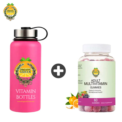 Organic Greek Pink Vitamin Bottles & Organic Greek Multivitamin Gummies