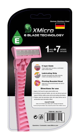 XMicro Pink Razors for Women, 1 Razor, 7 Blade Refills with German Stainless Steel, Lubricated with Vitamin E, Aloe for Smooth Shave, Shields Against Irritation, Light Weight Version X Women