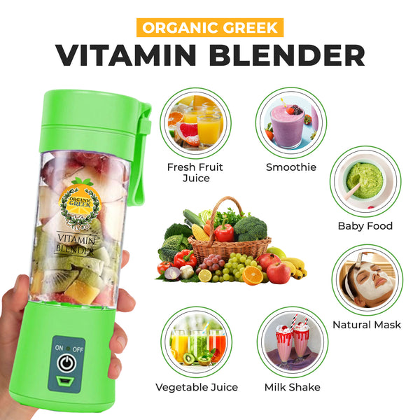 Organic Greek Vitamin Blender Portable Blender and Juicer with USB charger. Portable Blender For Shakes, Smoothies, Juice 380ml, Six Blades Bright Green Color