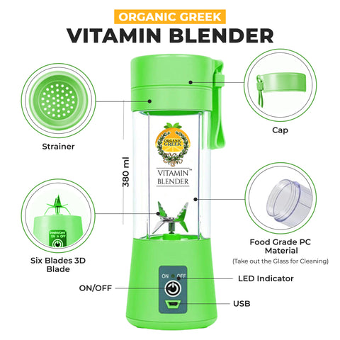 Organic Greek Vitamin Blender Portable Blender and Juicer with USB charger. Portable Blender For Shakes, Smoothies, Juice 380ml, Six Blades Bright Green Color