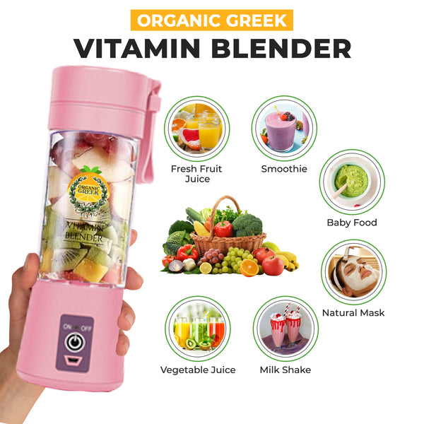 Organic Greek® Vitamin Blender Portable Blender and Juicer with USB charger. Portable Blender For Shakes, Smoothies, Juice 380ml, Six Blades Bright Pink Color