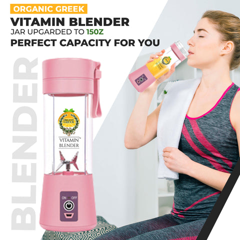 Organic Greek® Vitamin Blender Portable Blender and Juicer with USB charger. Portable Blender For Shakes, Smoothies, Juice 380ml, Six Blades Bright Pink Color