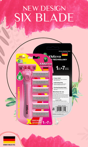 XMicro Pink Razors for Women, 1 Razor, 7 Blade Refills with German Stainless Steel, Lubricated with Vitamin E, Aloe for Smooth Shave, Shields Against Irritation, Light Weight Version X Women