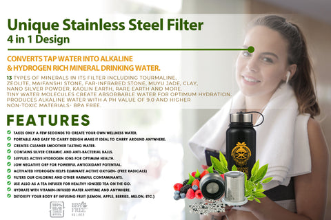 Organic Greek Vitamin Bottles. Hydrogen Alkaline Generator Water + Filter 4 in 1 Design Black Stainless Steel 800mL (27.05 FL OZ)