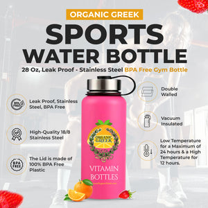 Organic Greek Sports Water Bottle - 28 Oz, Leak Proof - Black Stainless Steel BPA Free Gym & Bottles for Men, Women & Kids - Double Walled, Vacuum Insulated