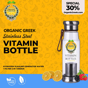 Organic Greek Vitamin Bottles. Hydrogen Alkaline Generator Water + Filter 4 in 1 Design 500mL (16.9 FL OZ)