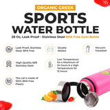 Organic Greek Sports Water Bottle - 28 Oz, Leak Proof - Black Stainless Steel BPA Free Gym & Bottles for Men, Women & Kids - Double Walled, Vacuum Insulated