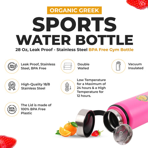 Organic Greek Sports Water Bottle - 28 Oz, Leak Proof - Pink Stainless Steel BPA Free Gym & Bottles for Men, Women & Kids - Double Walled, Vacuum Insulated