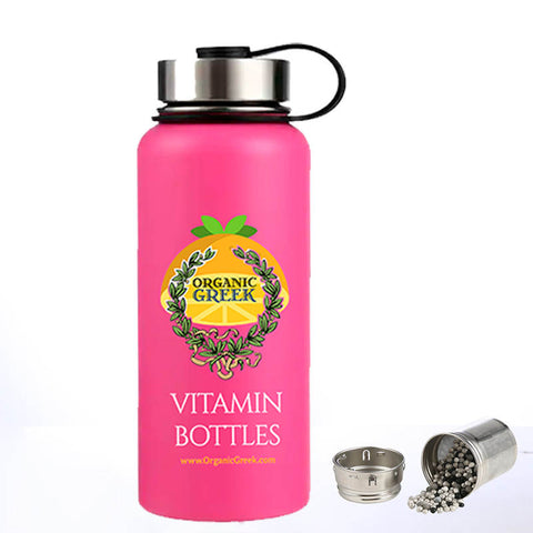 Organic Greek Vitamin Bottles. Hydrogen Alkaline Generator Water + Filter 4 in 1 Design Pink Stainless Steel 800mL (27.05 FL OZ)