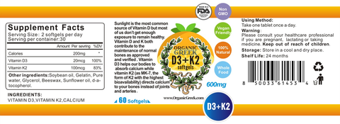 Organic Greek Vitamin Bottles + Vitamin D3 + K2 Softgels
