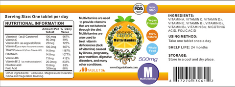 Organic Greek Multi Vitamins  Natural Non GMO Vegan includes Vitamin A, C, D3, E, Thiamin, Riboflavin, Vitamin B6, Vitamin B12,Nicotinic Acid, Folic Acid