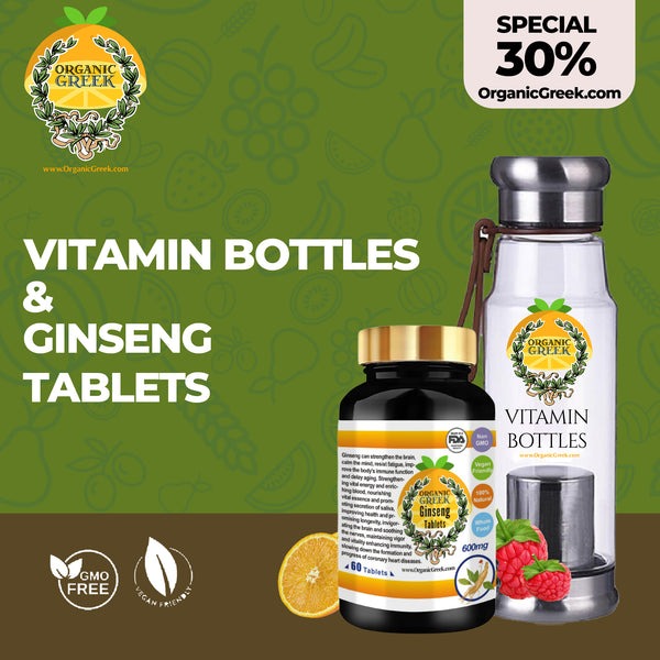 Organic Greek Vitamin Bottles & Ginseng Tablets