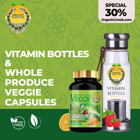 Organic Greek Vitamin Bottles + Whole Produce Veggie Capsules