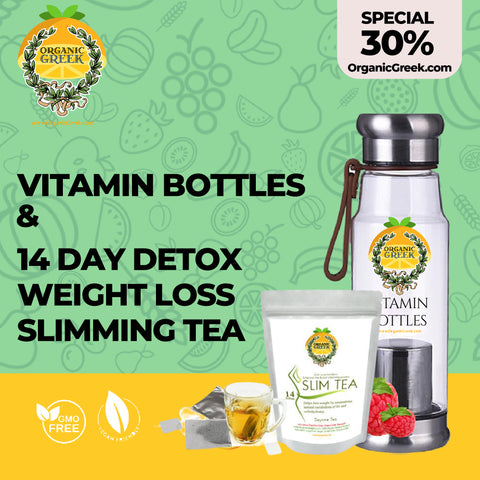 Organic Greek Vitamin Bottles + 14 Day Detox Best Weight Loss Slimming Tea