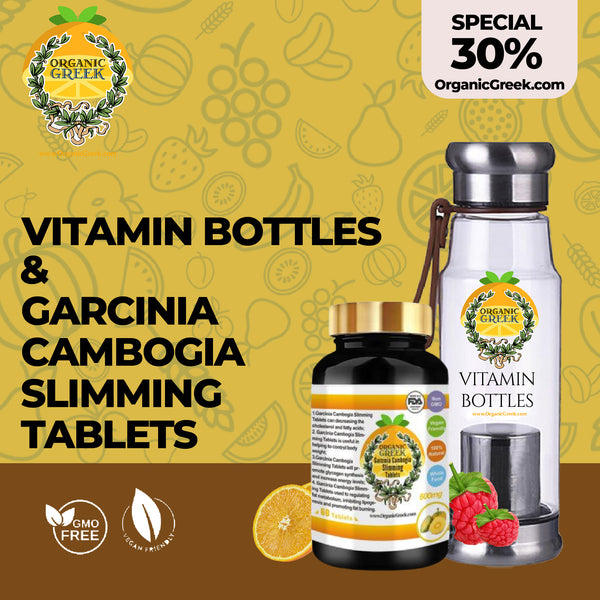 Organic Greek Vitamin Bottles & Garcinia Cambogia Slimming Tablets