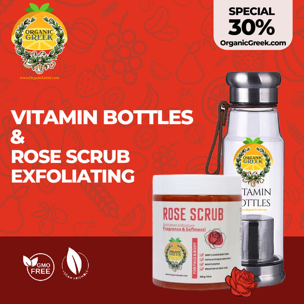 Organic Greek Vitamin Bottles & Rose Scrub