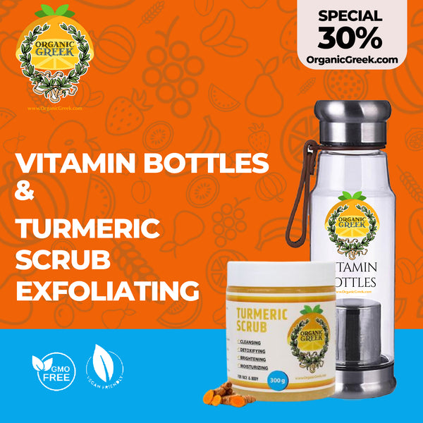 Organic Greek Vitamin Bottles & Turmeric Scrub