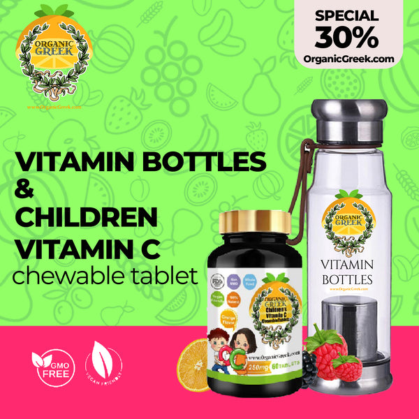 Organic Greek Vitamin C For Kids 250mg & Vitamin Bottles. Hydrogen Alkaline Generator Water