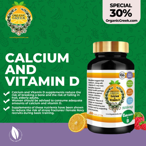 Organic Greek Calcium and Vitamin D 500mg Natural Non GMO Supports Bone, Joint, Osteoporosis, High Blood Pressure and Immune Support