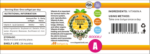 Organic Greek Vitamin A 8000IU Natural Non GMO Vegan Support Healthy Vision, Bone Health and Immune Support