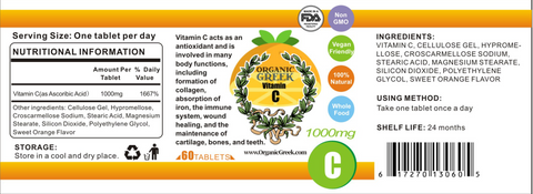 Organic Greek Vitamin C  1000mg Natural Non GMO Vegan Supports Immune System and Collagen Booster