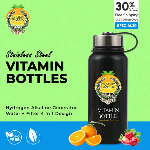 Organic Greek Vitamin Bottles. Hydrogen Alkaline Generator Water + Filter 4 in 1 Design Black Stainless Steel 800mL (27.05 FL OZ)