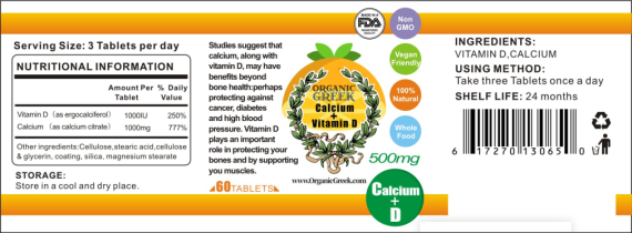 Organic Greek Calcium And Vitamin D 500mg