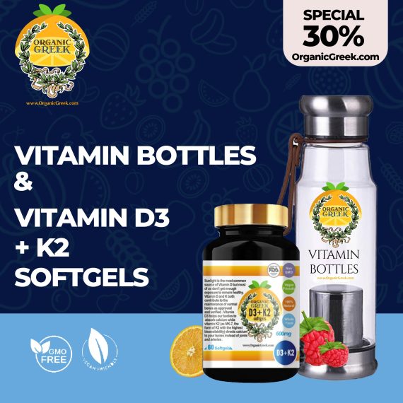 Organic Greek Vitamin Bottles + Vitamin D3 + K2 Softgels